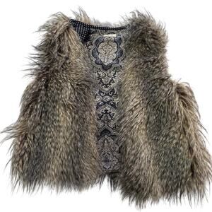 Rozae‎ Nichols Faux Fur Vest Womens Extra Small Brown Patterned Boho Statement